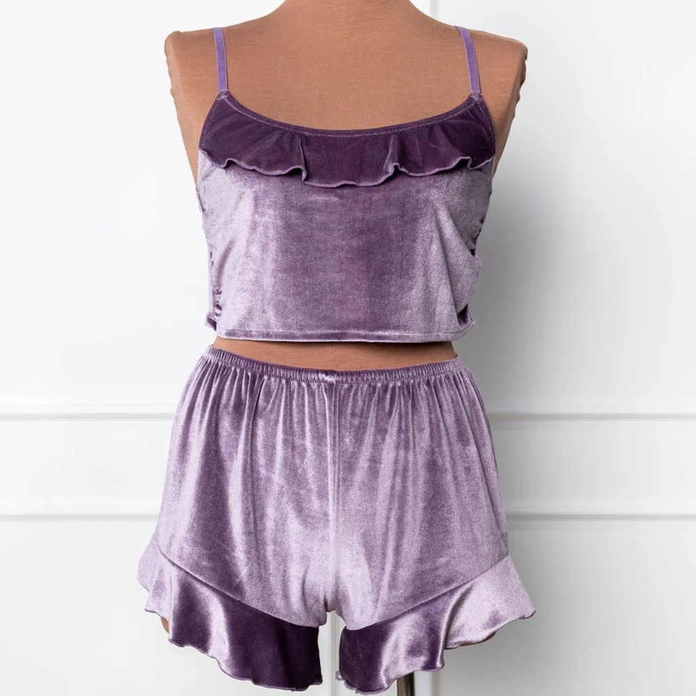 Mentionables Velvet Cropped Cami Shorts Set - Lavender Haze